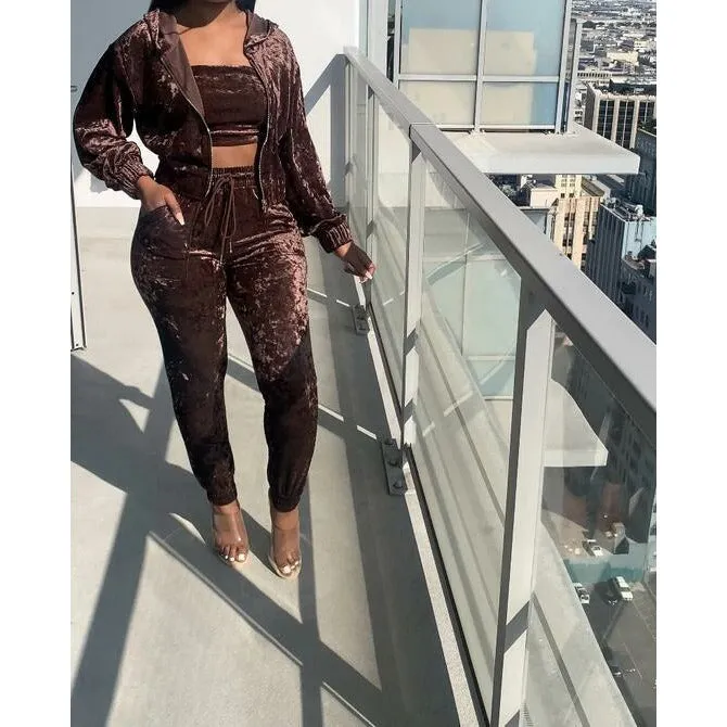 New Women's Three-Piece Velour Crop Top Short Jacket Set Tracksuit/Crop Top with Hood/Y2K Velvet Leisure Set/Street wear/Velour Lounge wear