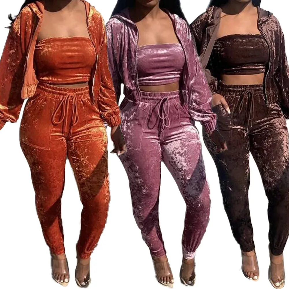 New Women's Three-Piece Velour Crop Top Short Jacket Set Tracksuit/Crop Top with Hood/Y2K Velvet Leisure Set/Street wear/Velour Lounge wear