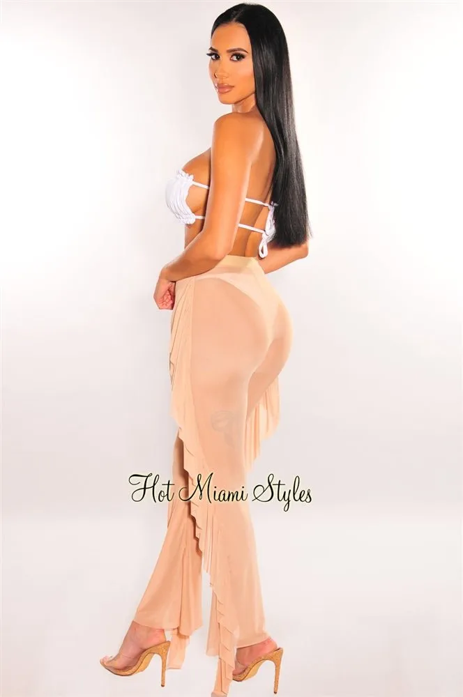 Nude Mesh High Waist Ruffle Sides Pants Cover Up Pants