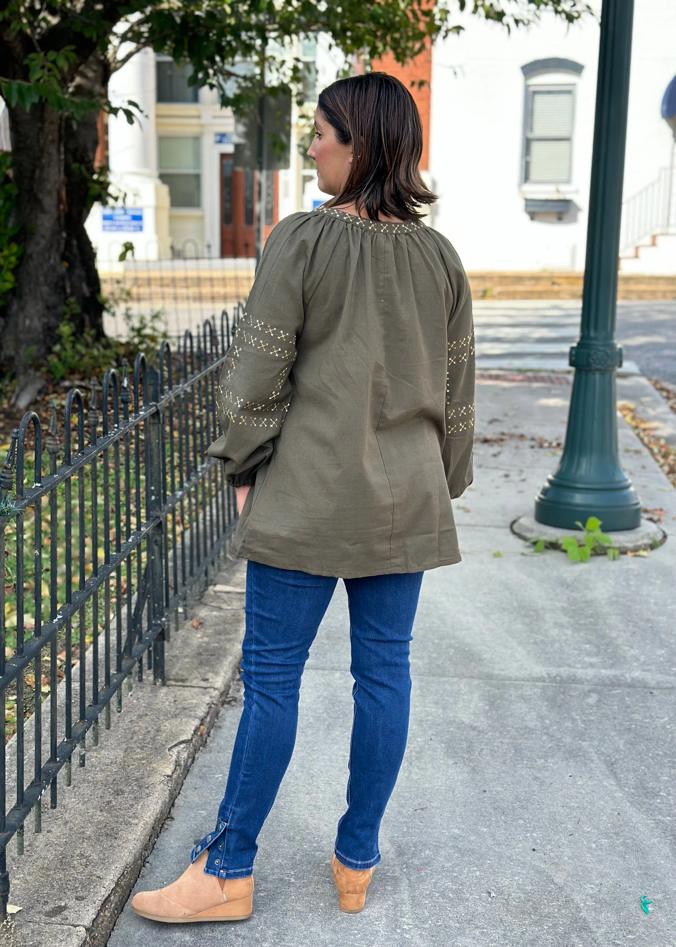 Olive Embroidered Peasant Top