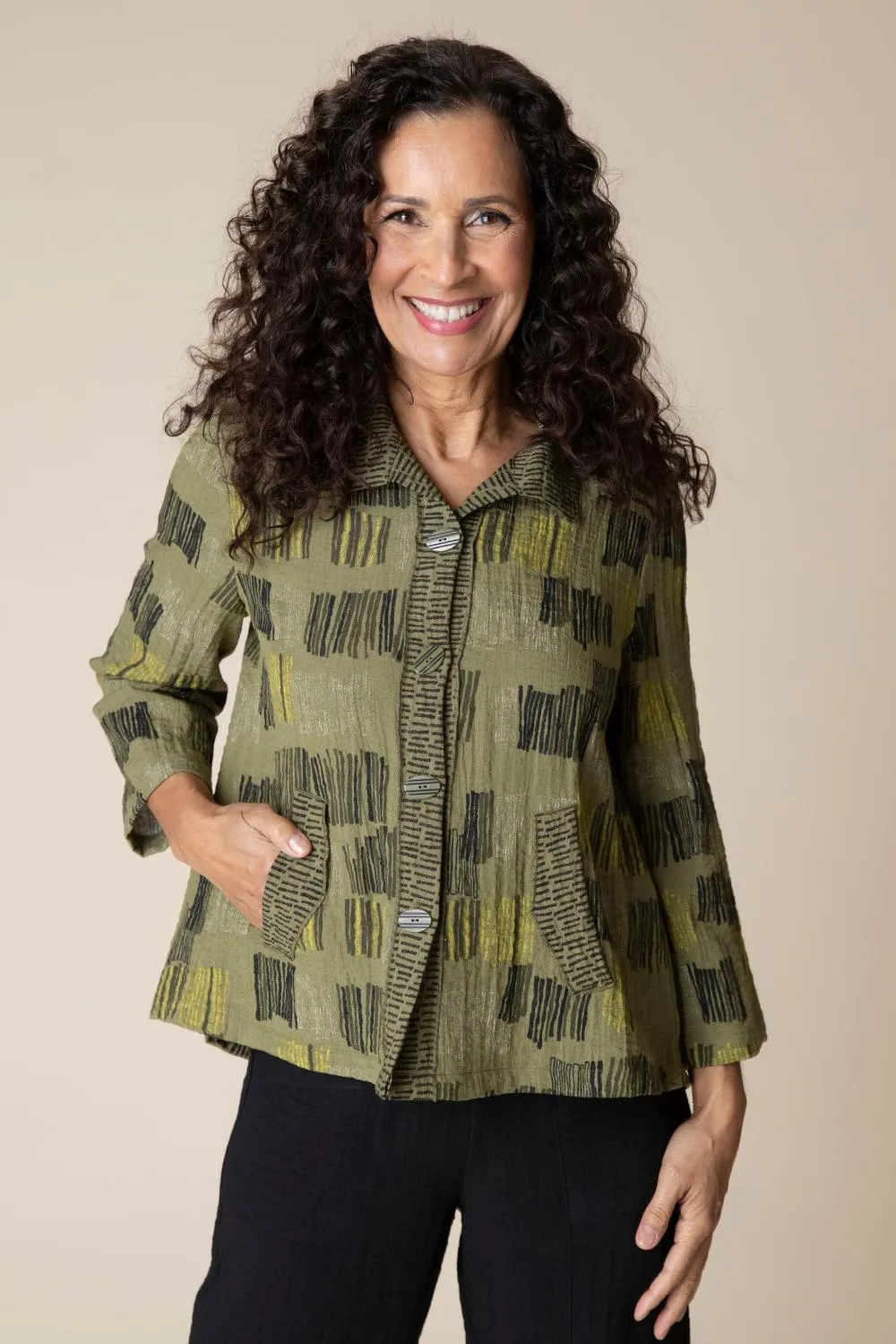 Olive Pleat Back Button Jacket