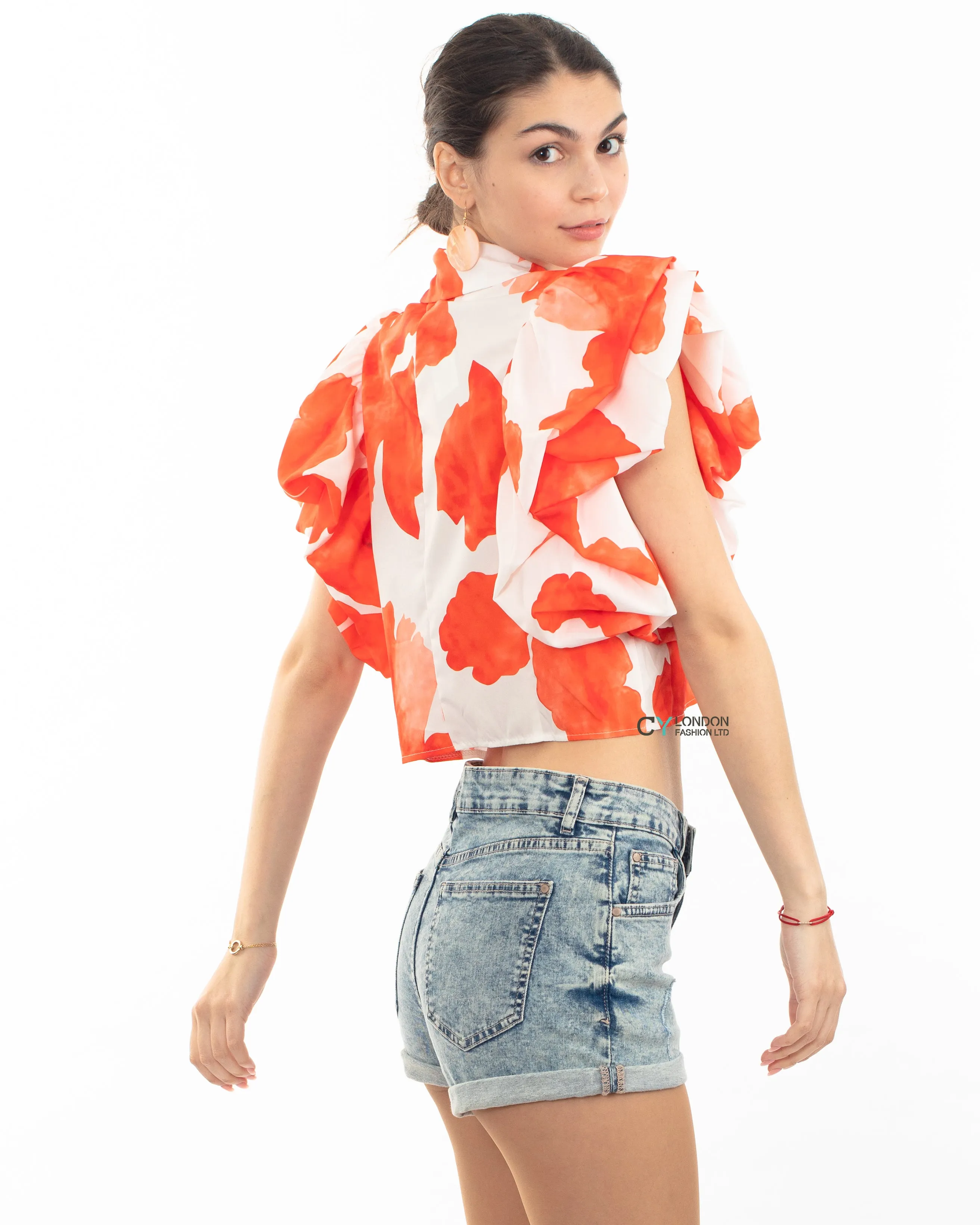 Orange leaves' print with double layer sleeves design crop shirt top
