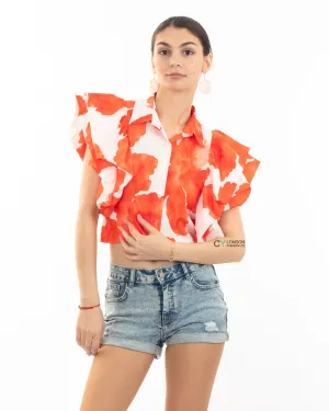 Orange leaves' print with double layer sleeves design crop shirt top