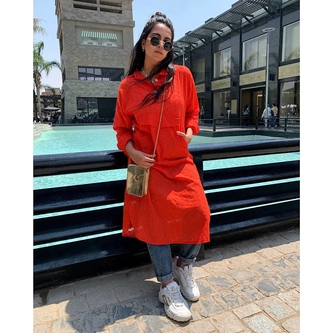 Orange pouch pocket long top