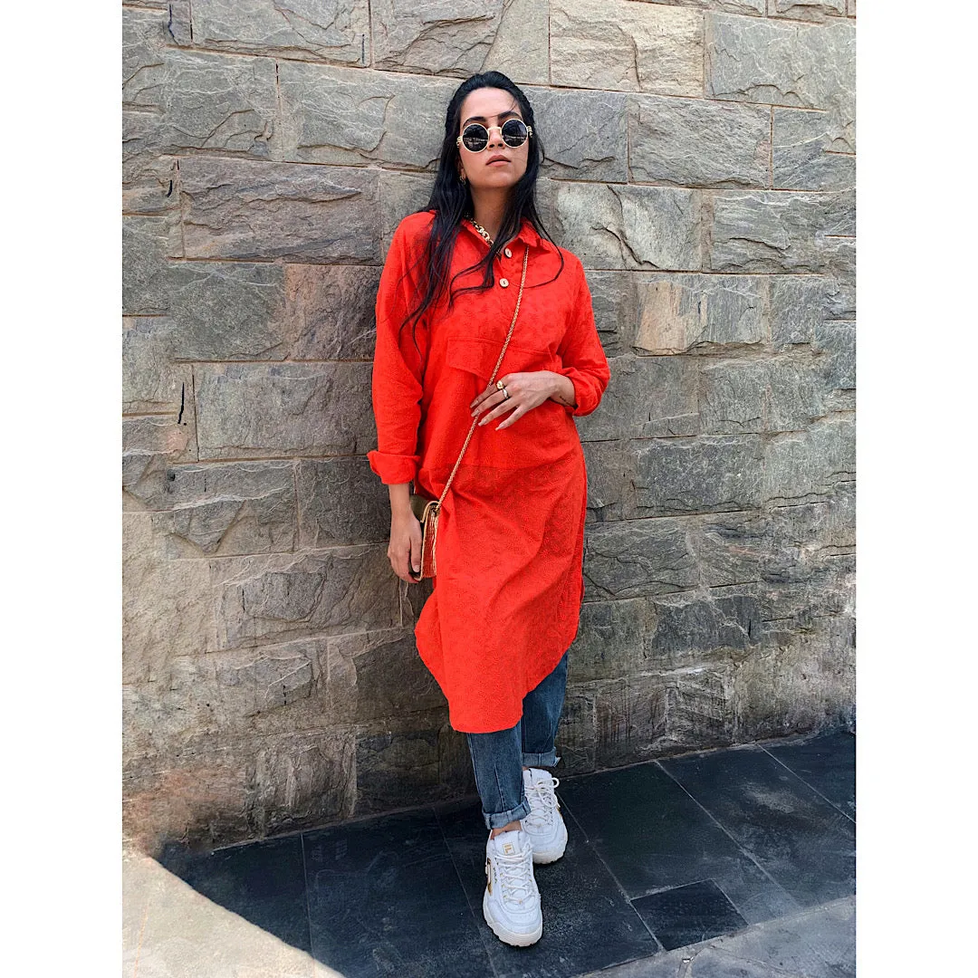 Orange pouch pocket long top