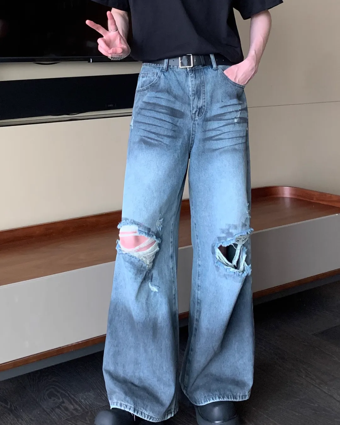 Oversized Denim Shirt / Wide Straight Denim Pants CBJ0077
