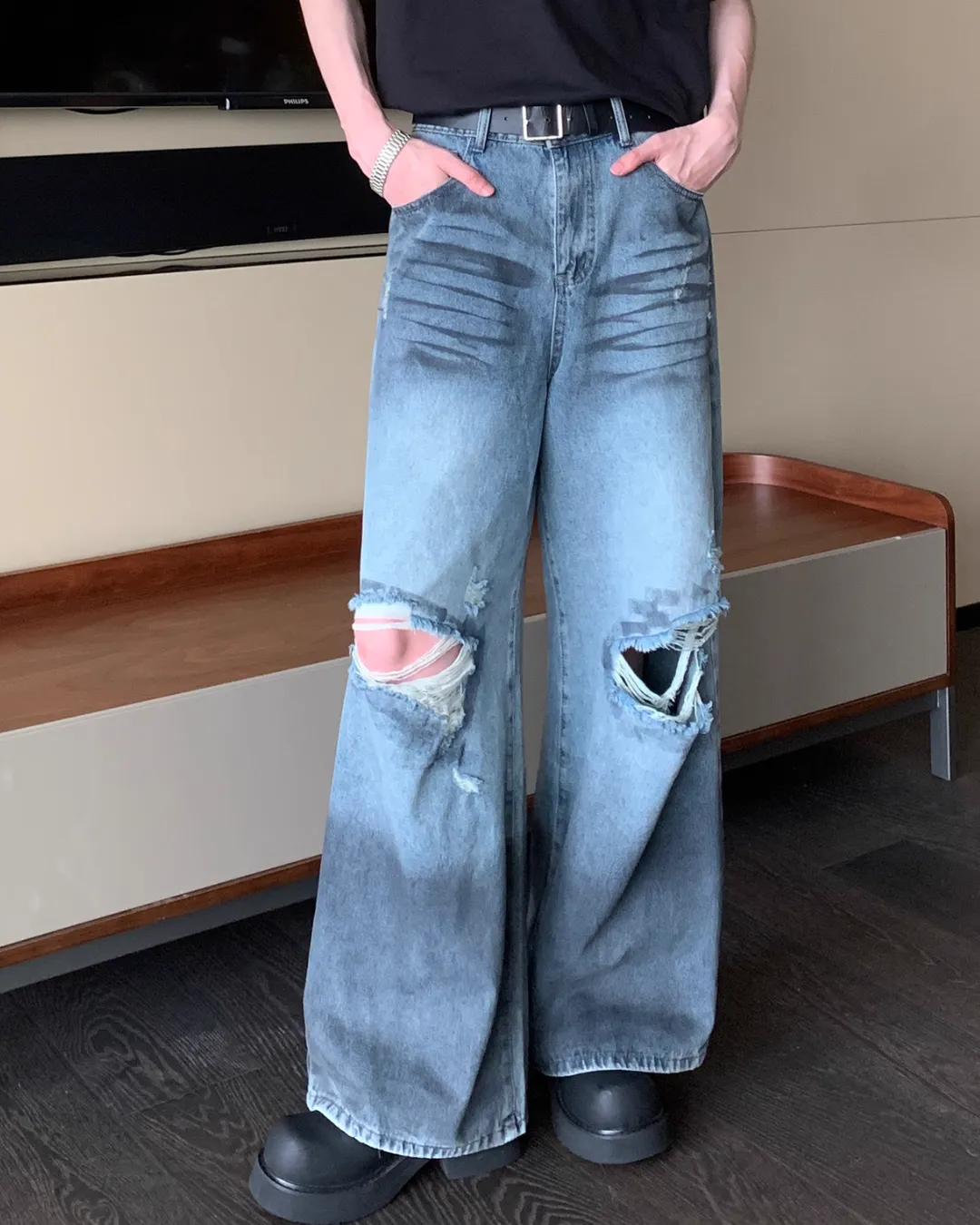 Oversized Denim Shirt / Wide Straight Denim Pants CBJ0077