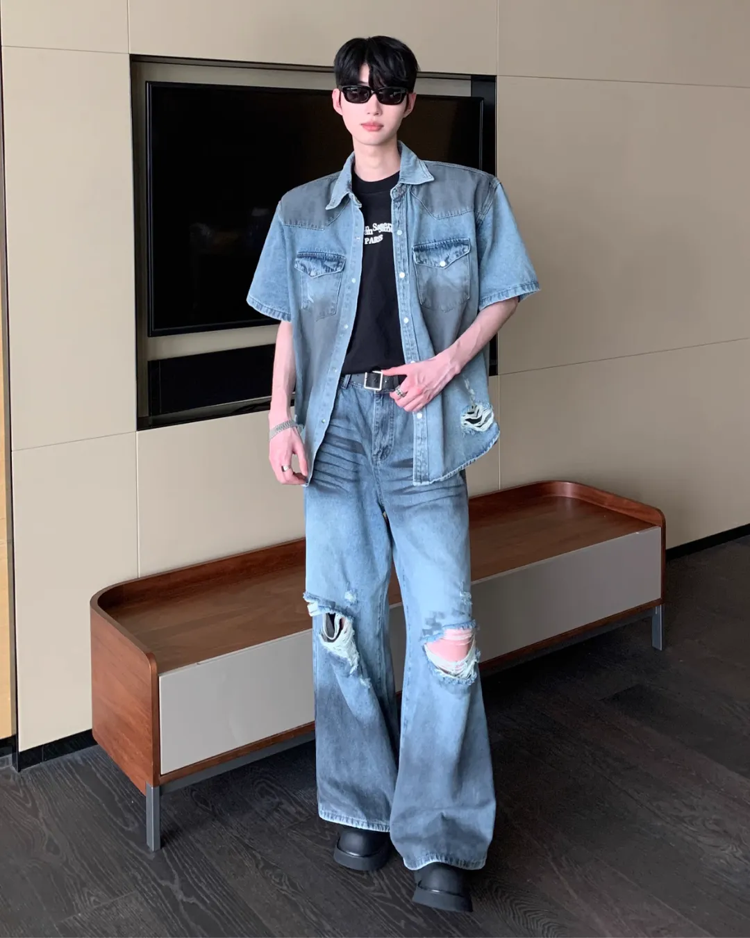 Oversized Denim Shirt / Wide Straight Denim Pants CBJ0077
