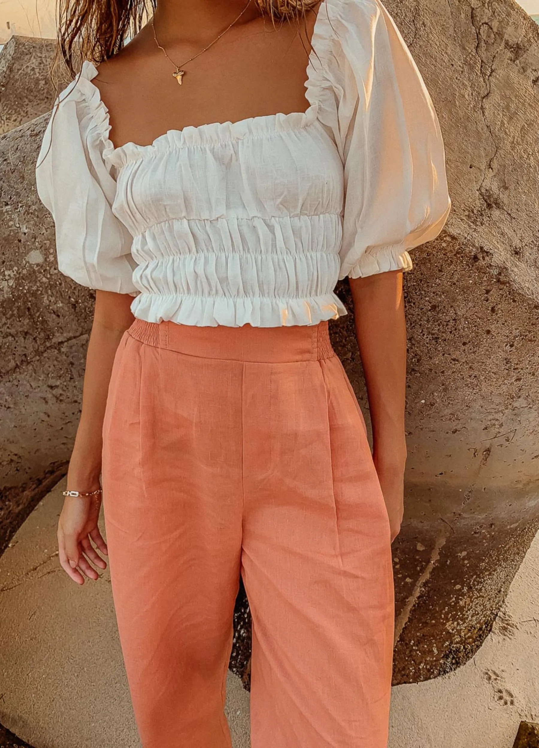 Palm Collective - Elbow Sleeve Zoe Linen Off Shoulder Crop Top