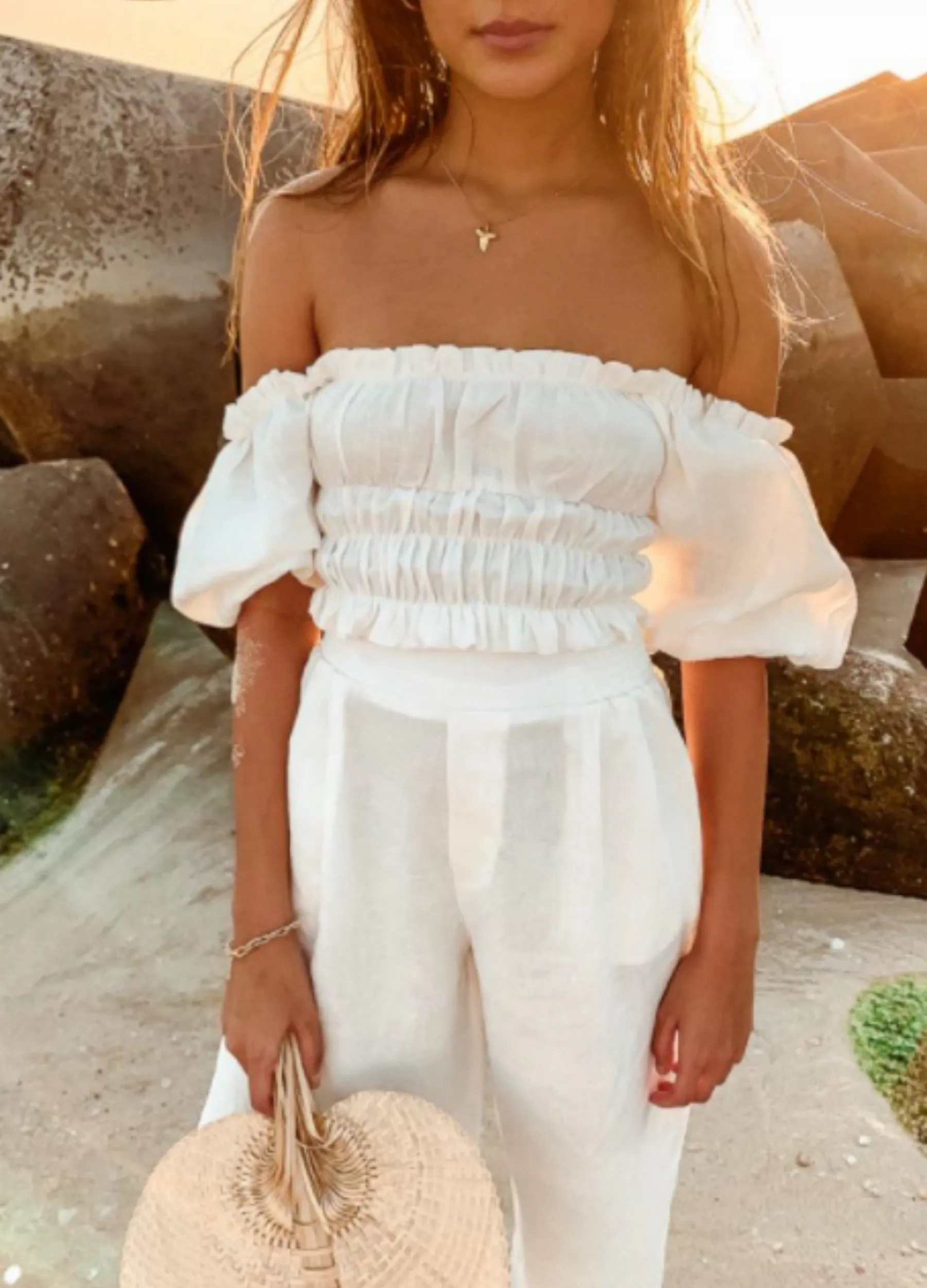 Palm Collective - Elbow Sleeve Zoe Linen Off Shoulder Crop Top