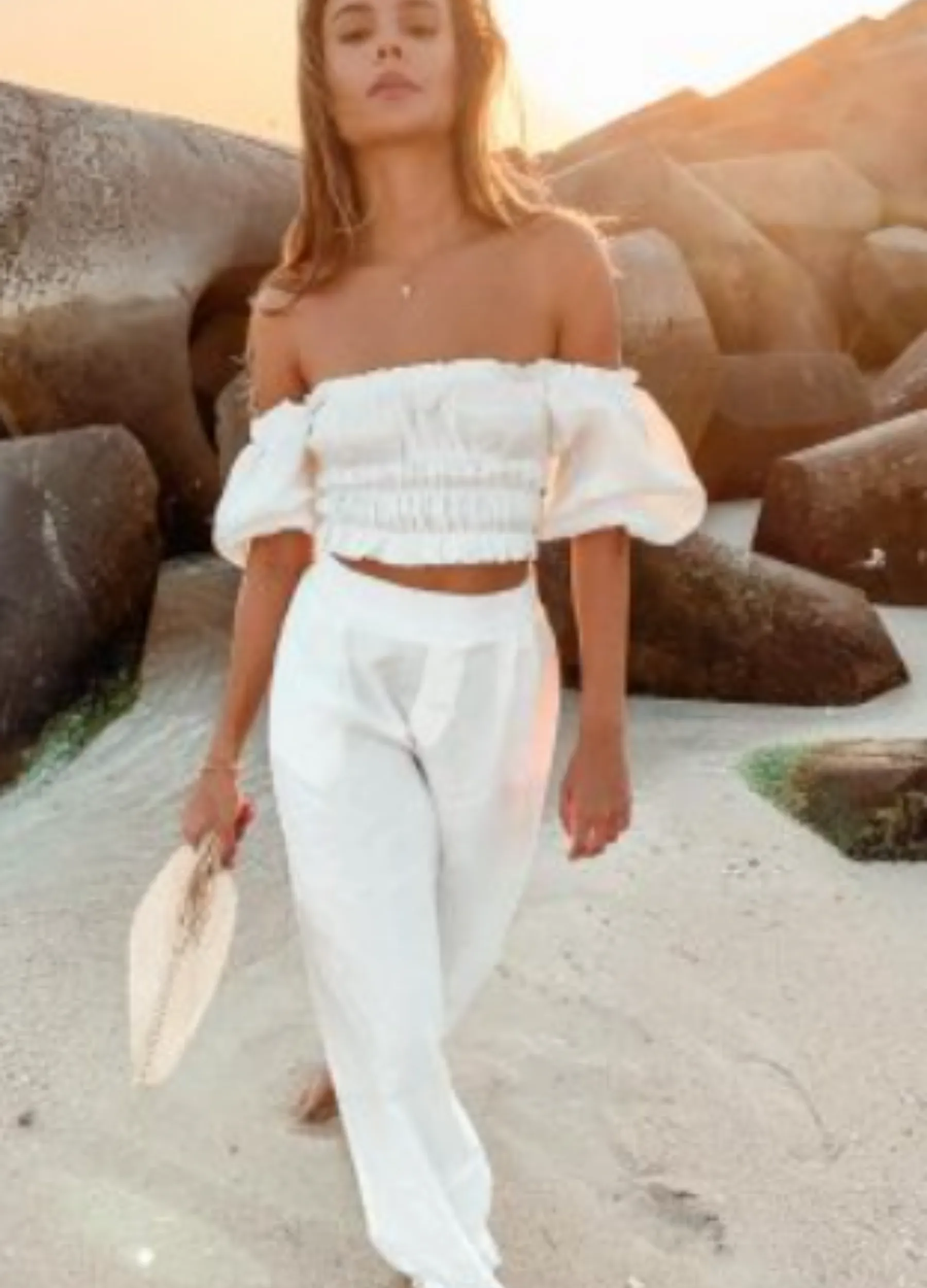 Palm Collective - Elbow Sleeve Zoe Linen Off Shoulder Crop Top