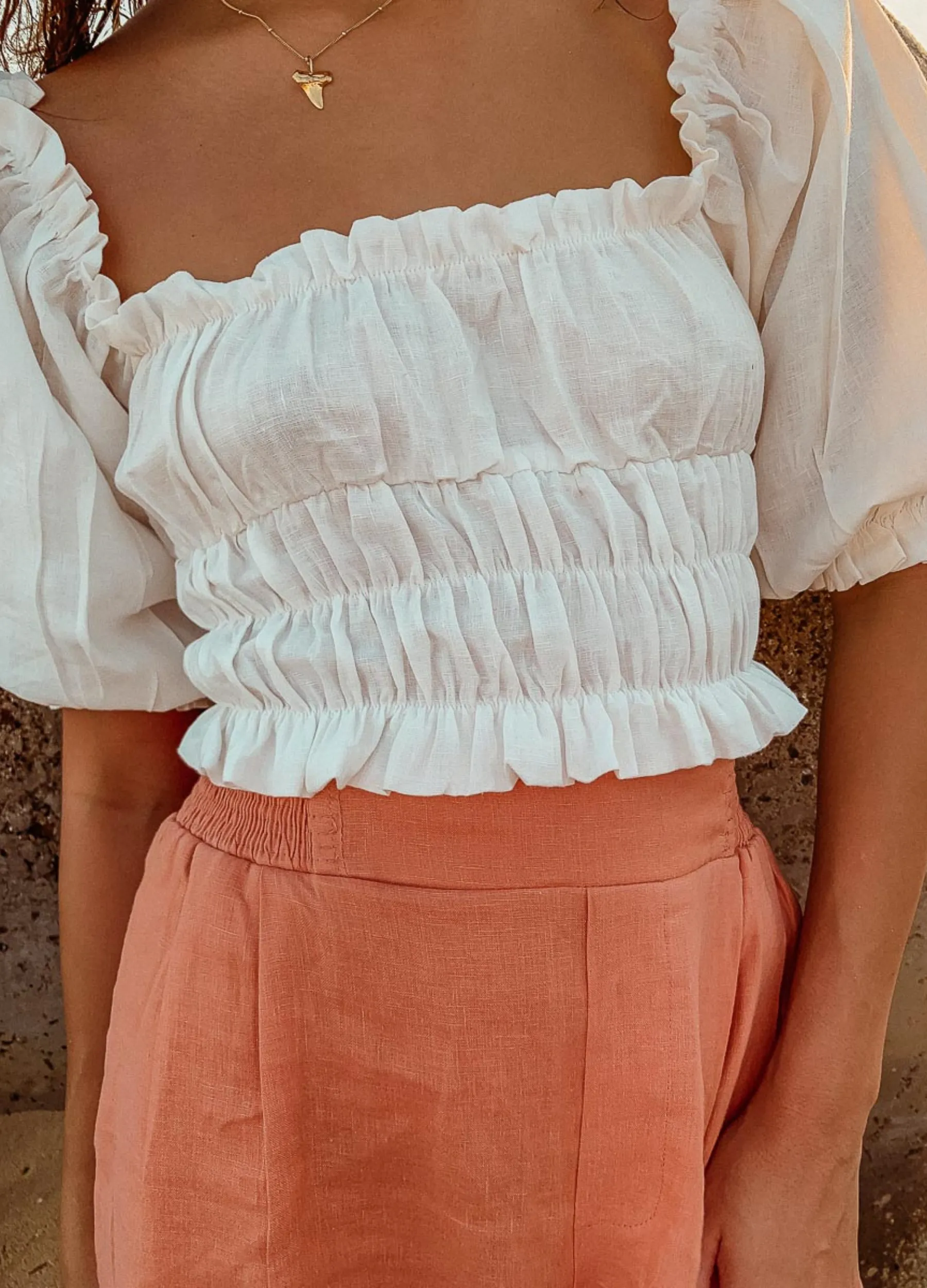 Palm Collective - Elbow Sleeve Zoe Linen Off Shoulder Crop Top