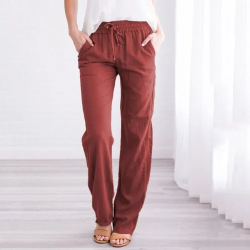 Pants Women Loose High Waist Cotton Linen Harem Pants Solid