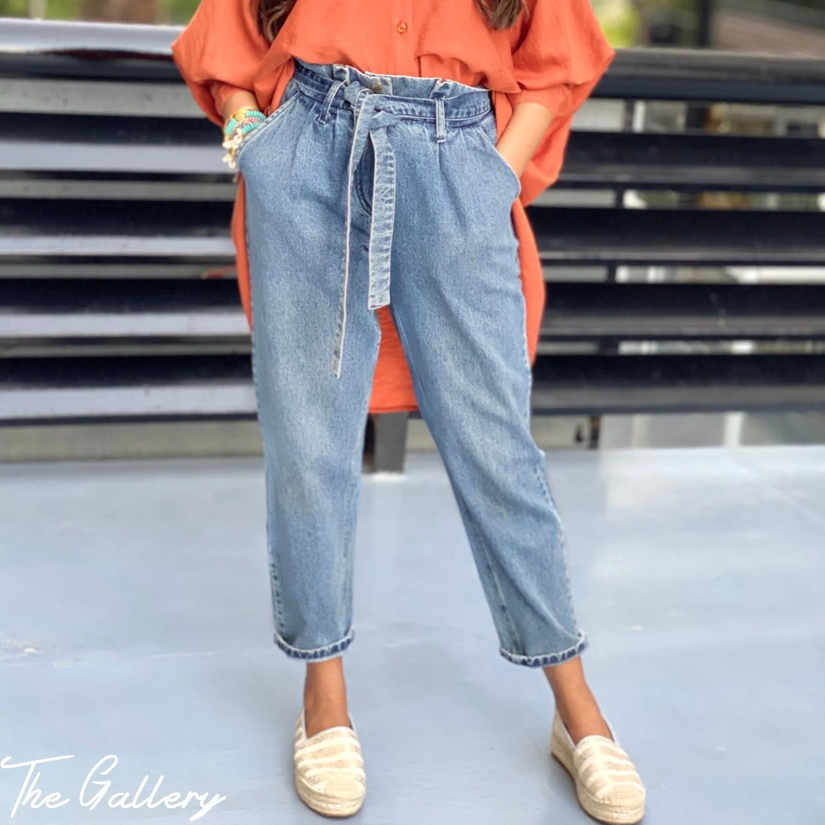 Paperbag waist blue denim pants