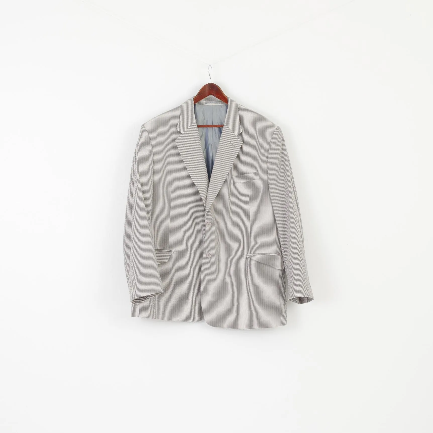 Peter Christian Men 50 XXL Blazer Blue Beige Striped Cotton Shoulder Pads Jacket