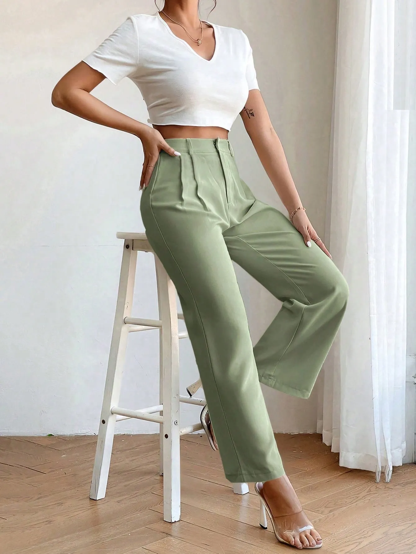 PETITE High Waist Plicated Detail Straight Leg Pants
