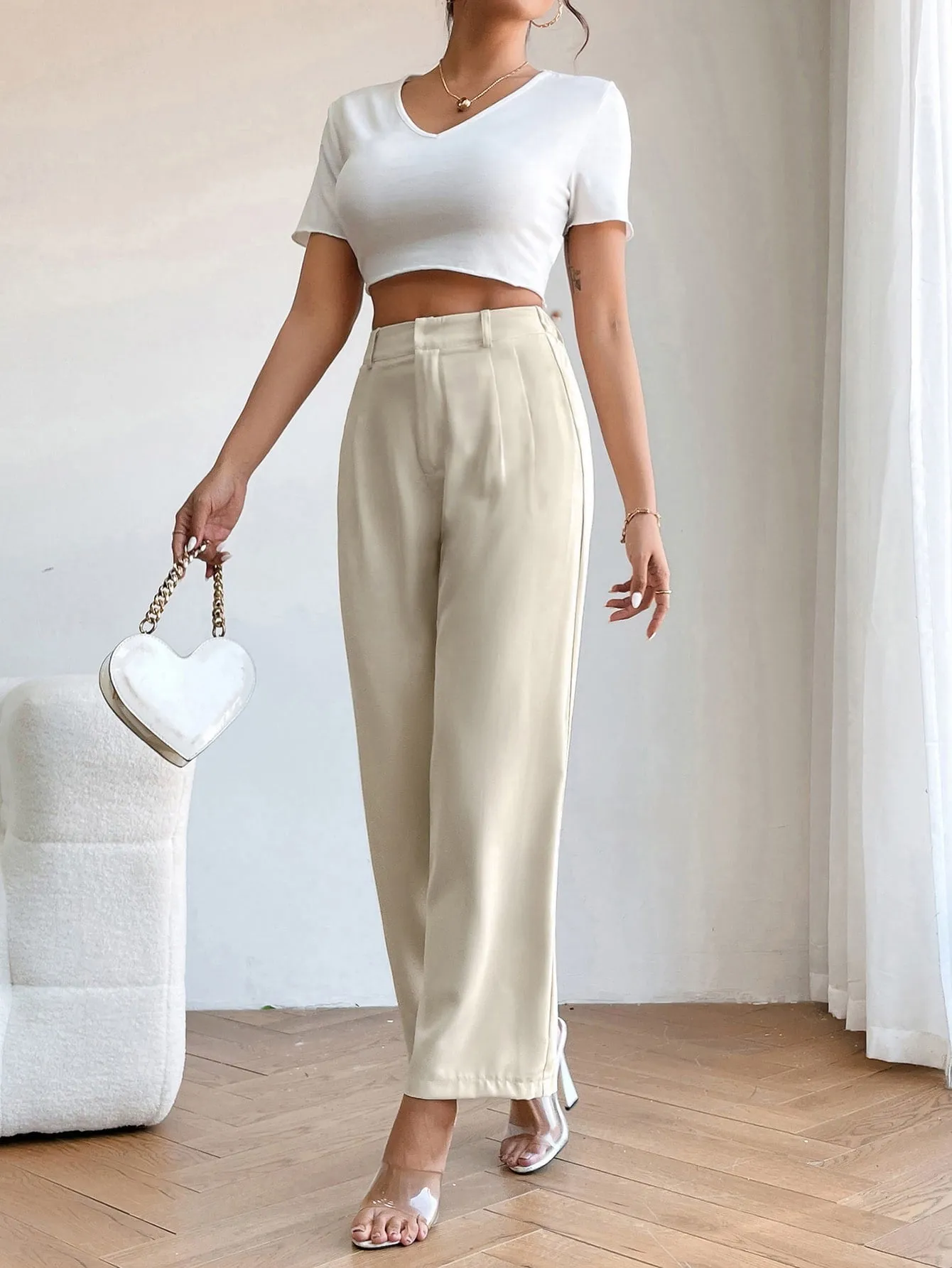 PETITE High Waist Plicated Detail Straight Leg Pants