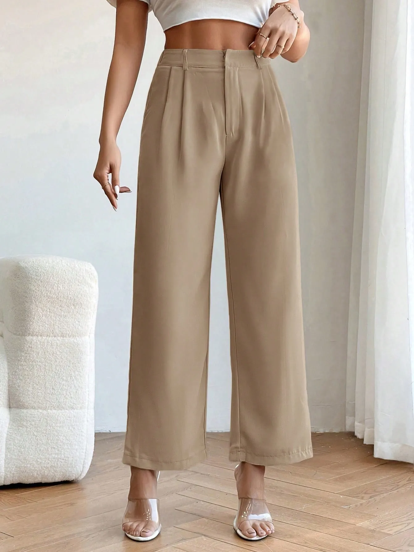 PETITE High Waist Plicated Detail Straight Leg Pants