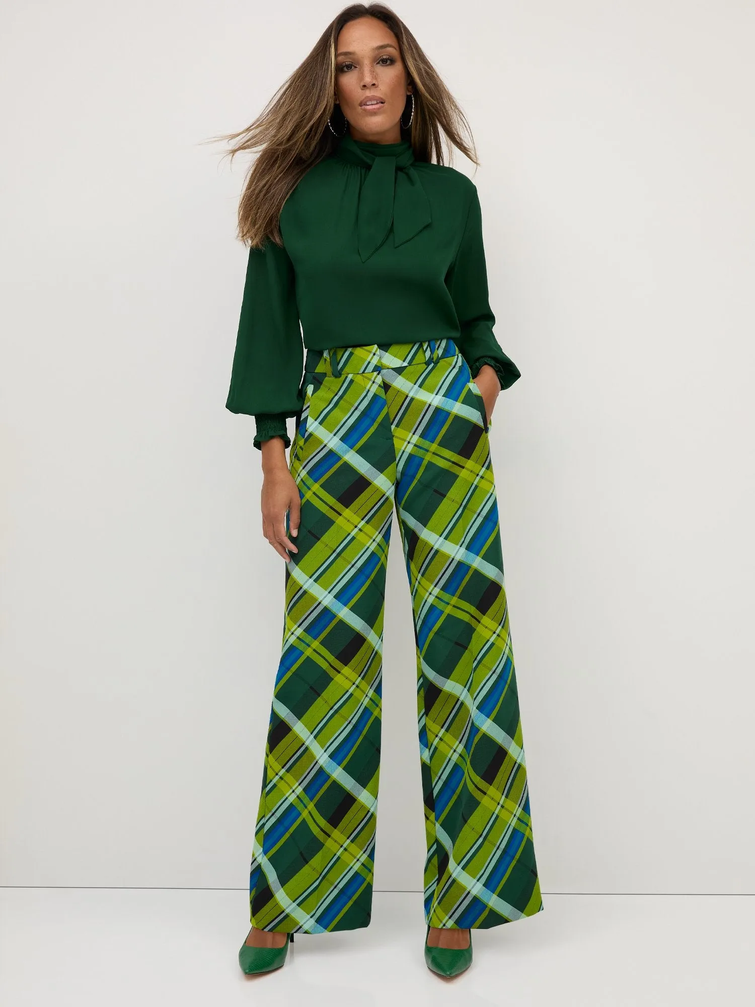 Petite Plaid High-Waisted Wide-Leg Pant