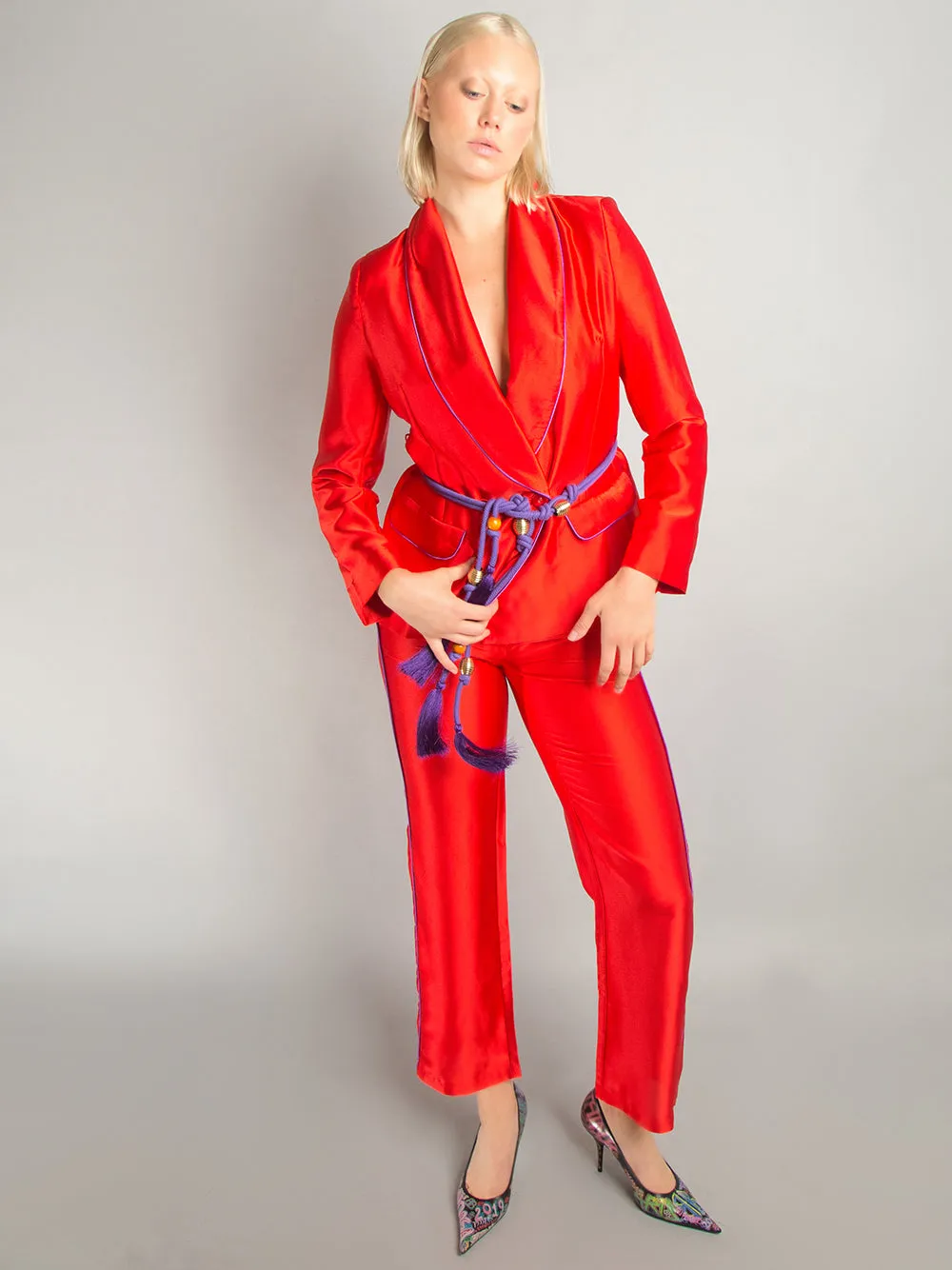 PJ Satin Blazer   Pants Matching Set in Red