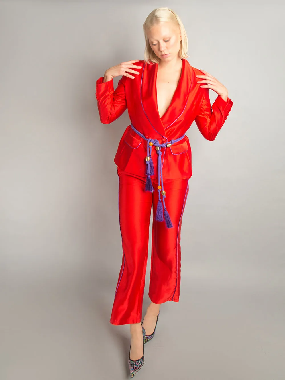 PJ Satin Blazer   Pants Matching Set in Red