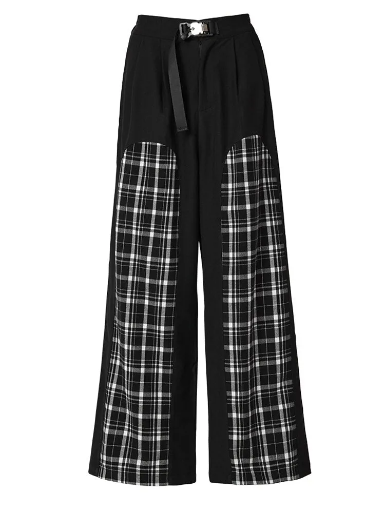 Plaid Color-block Wide Leg Long Pants