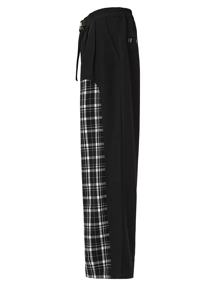Plaid Color-block Wide Leg Long Pants