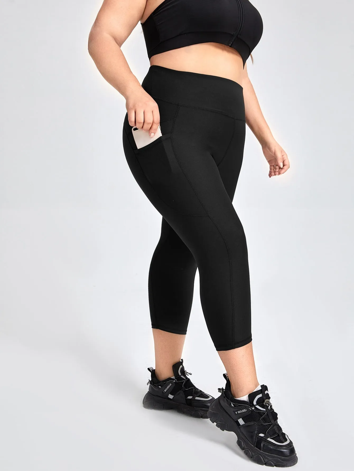 Plain Pocket High Waist Capris Plus Size Sports Leggings & Pants
