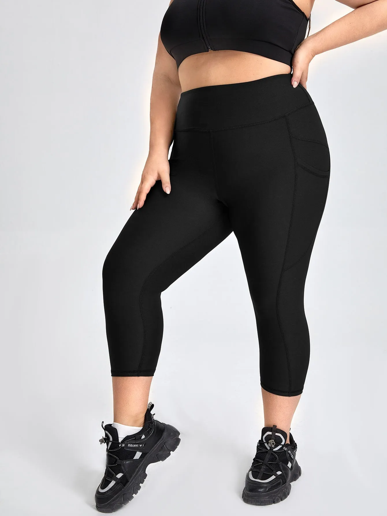 Plain Pocket High Waist Capris Plus Size Sports Leggings & Pants