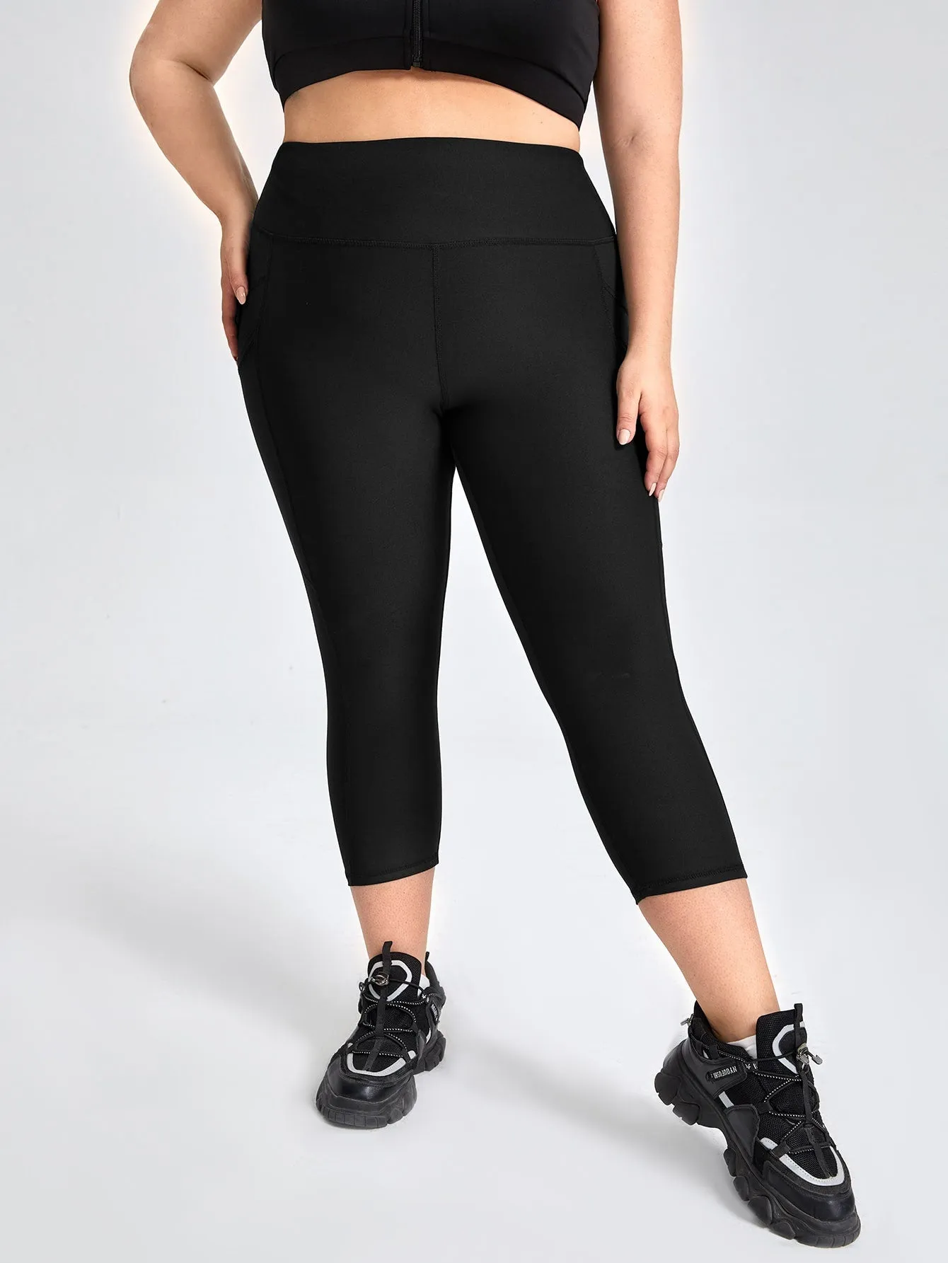 Plain Pocket High Waist Capris Plus Size Sports Leggings & Pants