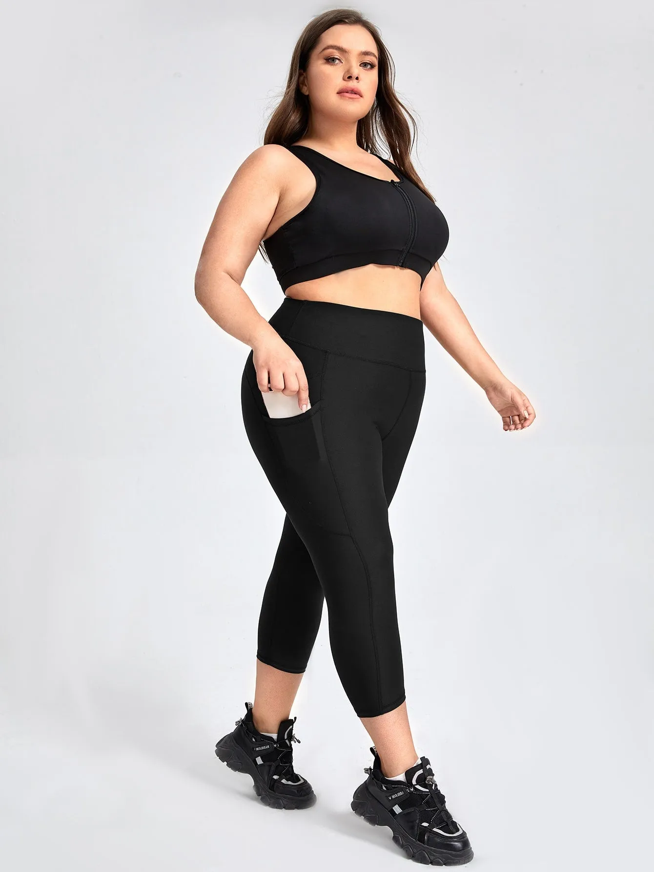 Plain Pocket High Waist Capris Plus Size Sports Leggings & Pants