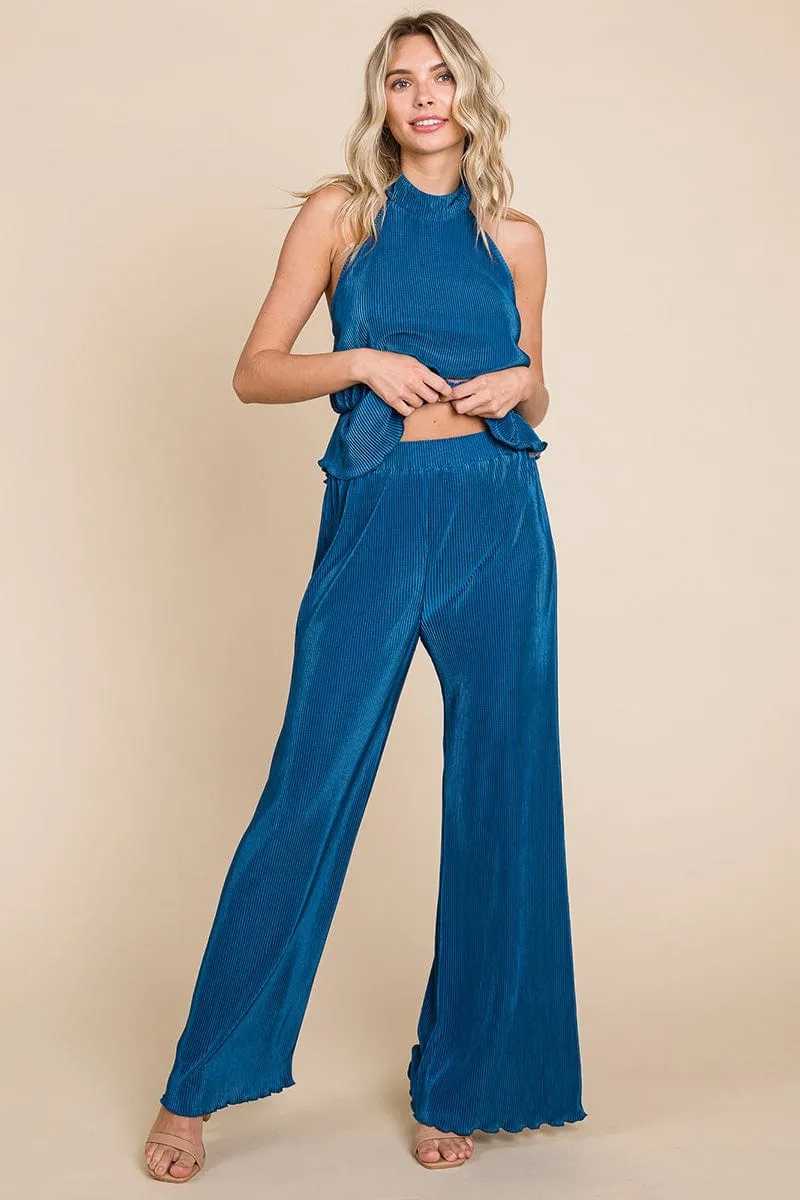Pleated Backless Halter Tank & Wide Leg Pants Sets