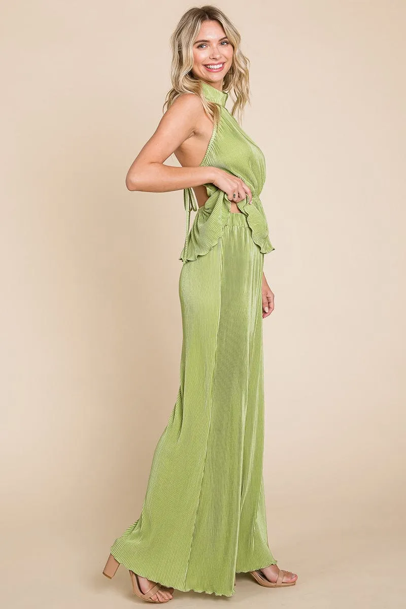 Pleated Backless Halter Tank & Wide Leg Pants Sets