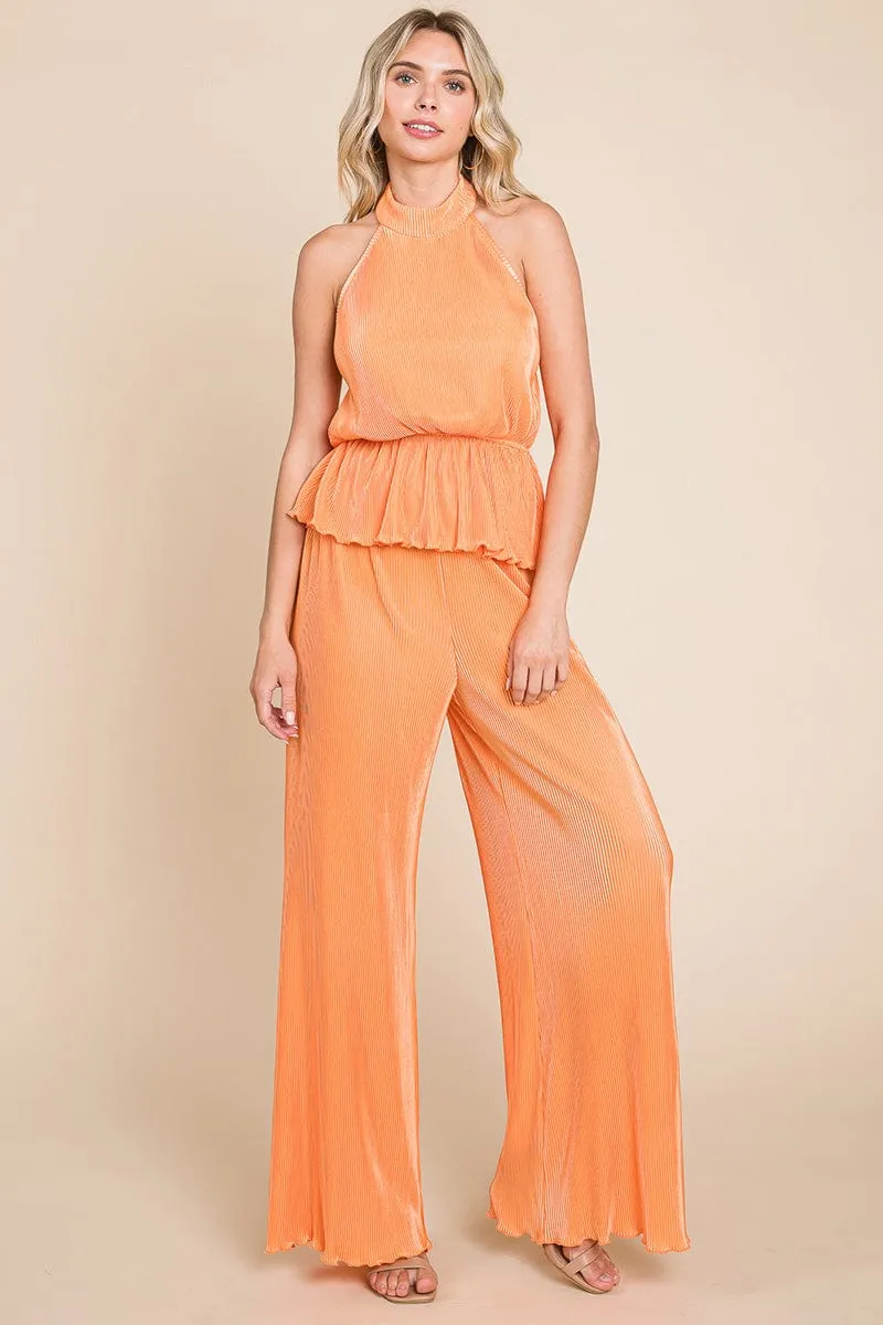 Pleated Backless Halter Tank & Wide Leg Pants Sets