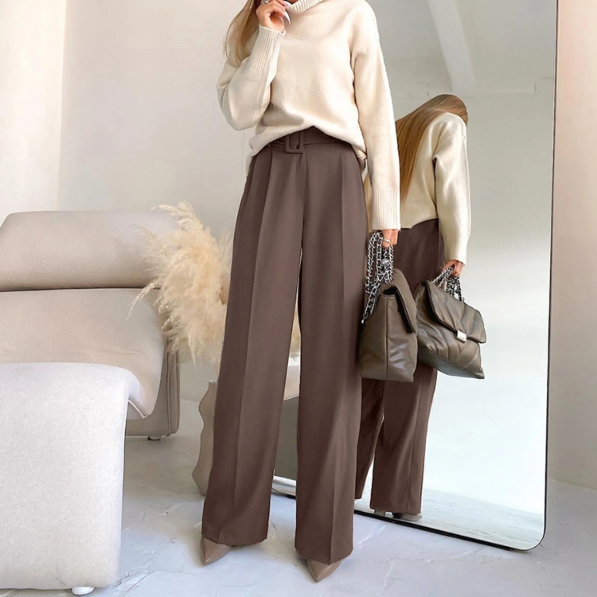 Pleated Wide Leg Belted Pants