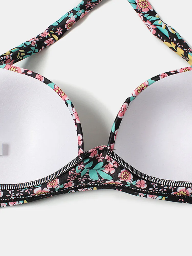Plus Size Women Floeal Print Patchwork High Waist Bikini Backless Swimwear