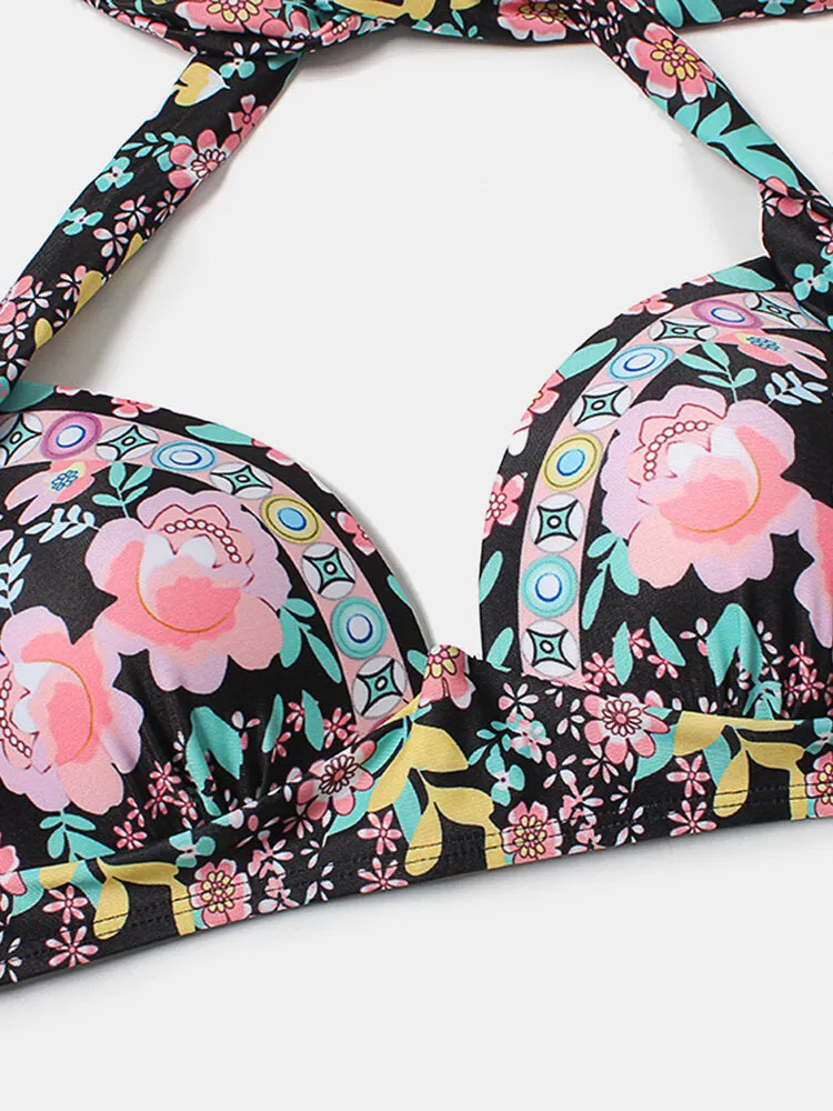 Plus Size Women Floeal Print Patchwork High Waist Bikini Backless Swimwear