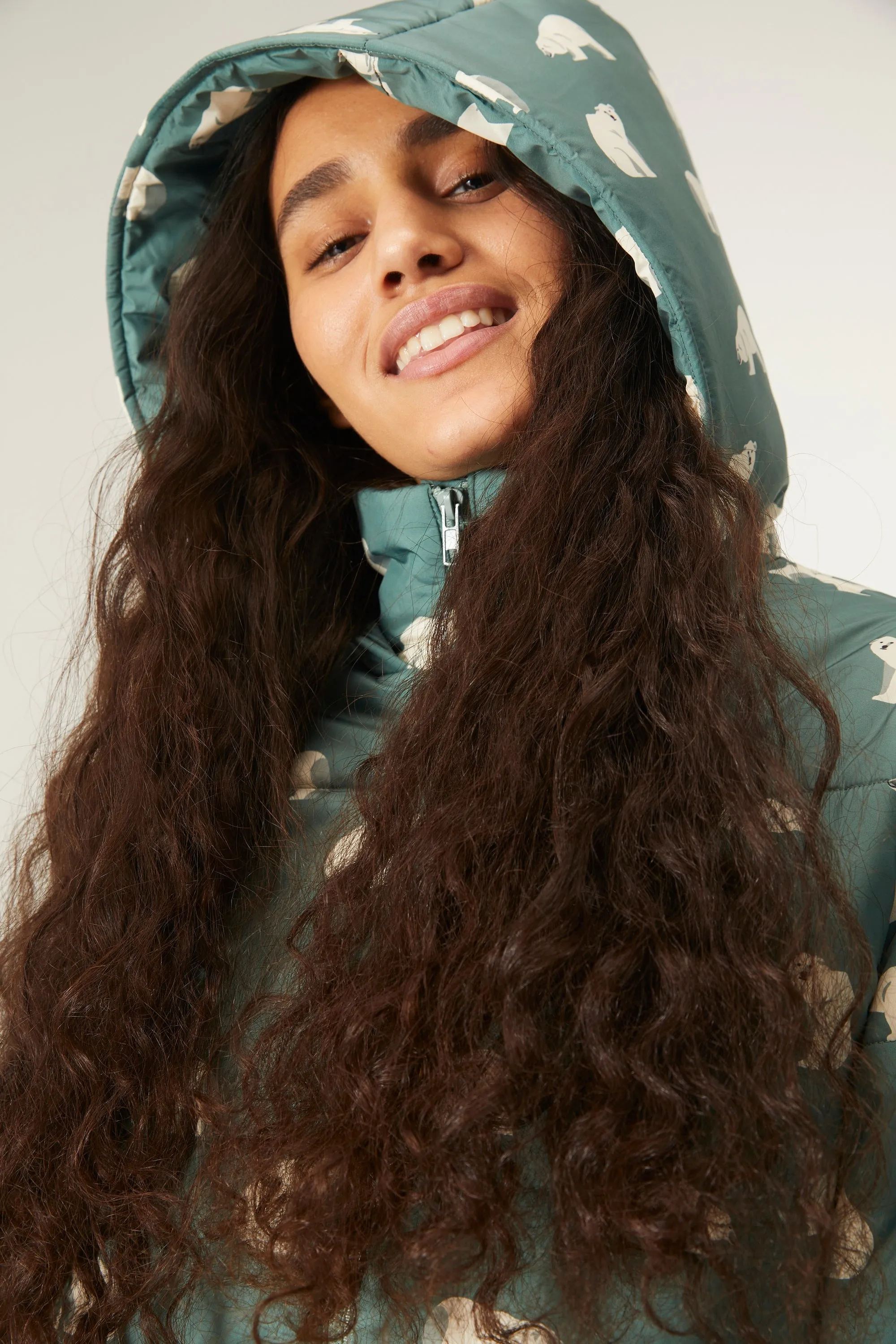 Polar bear print quilted midi coat with hood by Compania Fantastica