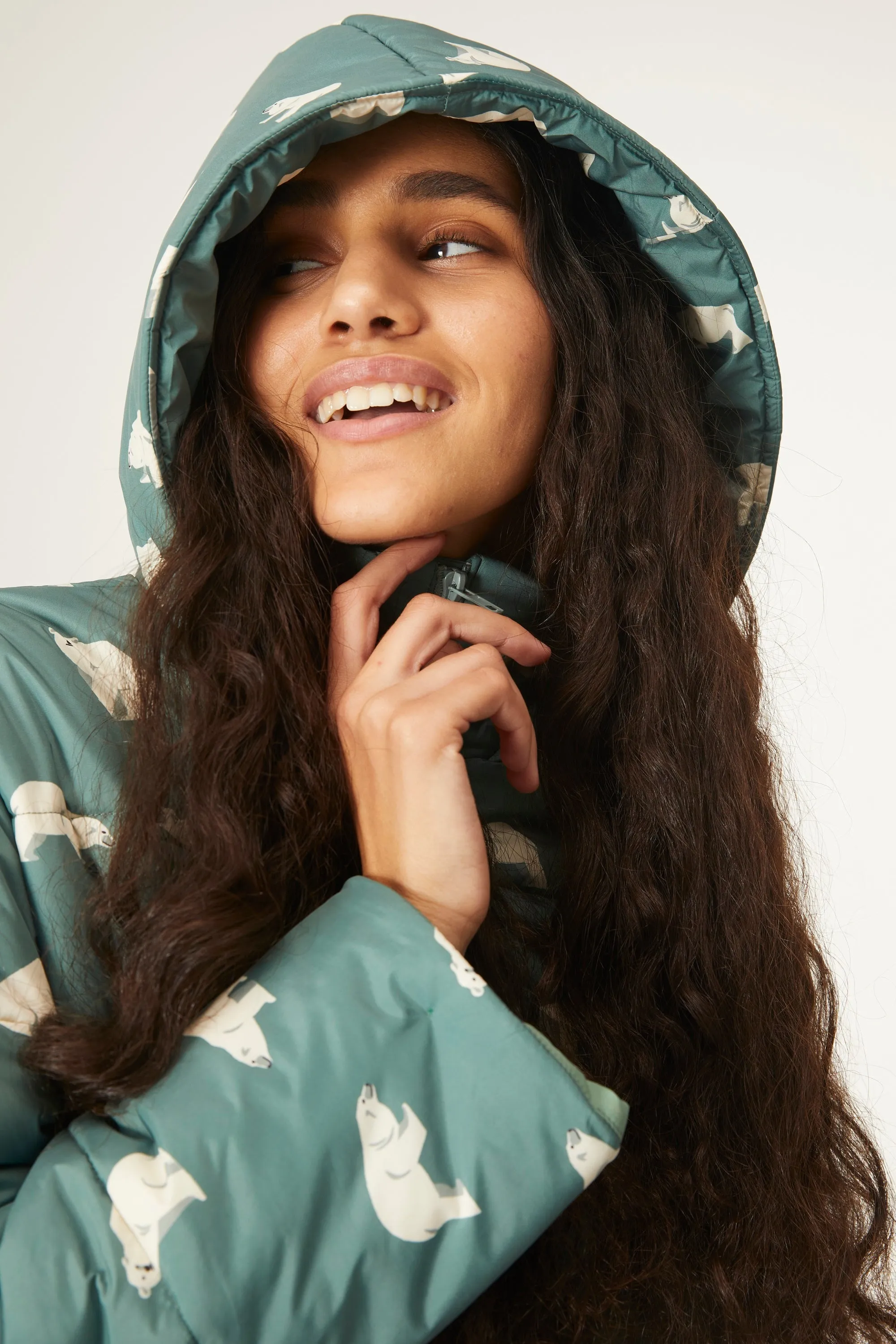Polar bear print quilted midi coat with hood by Compania Fantastica