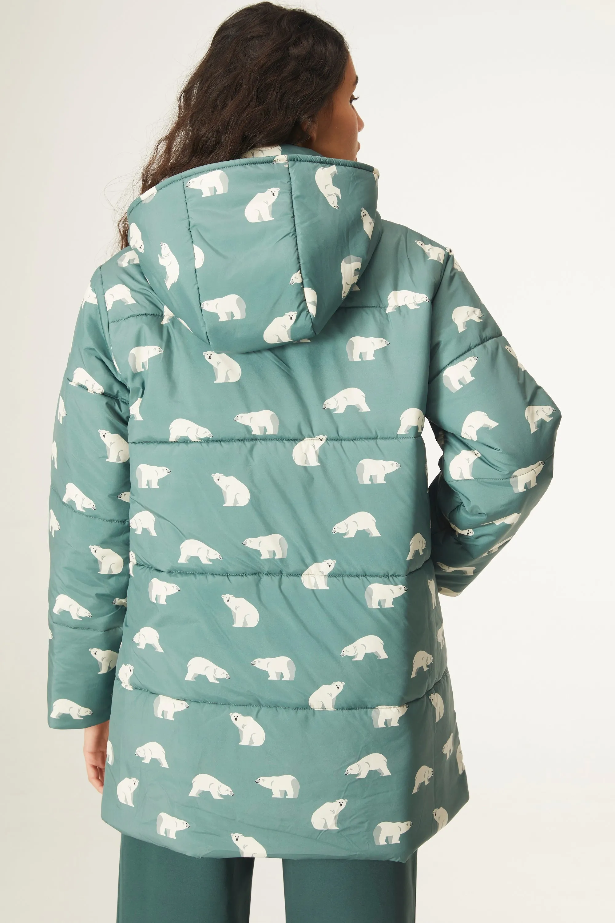 Polar bear print quilted midi coat with hood by Compania Fantastica