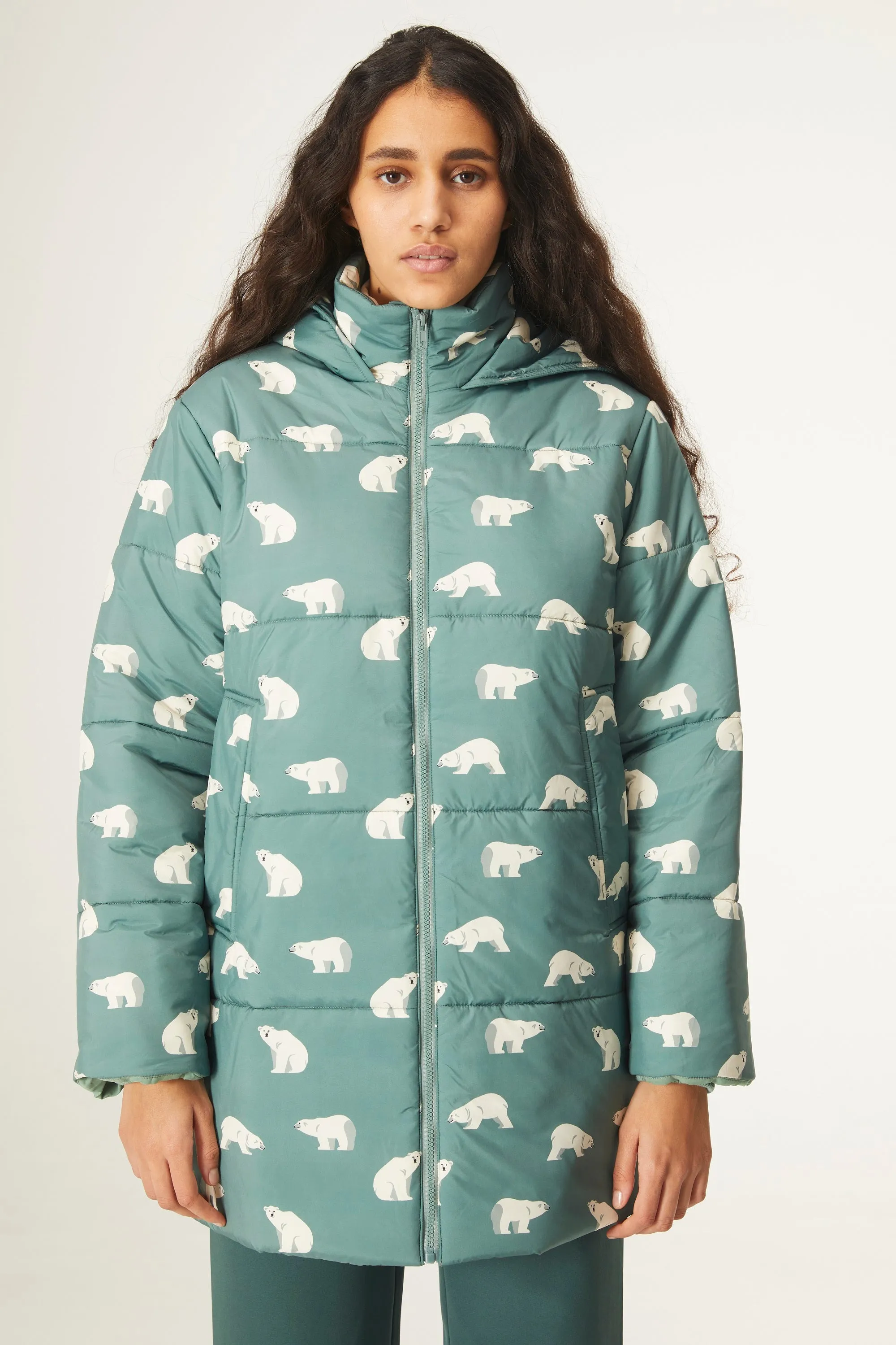 Polar bear print quilted midi coat with hood by Compania Fantastica