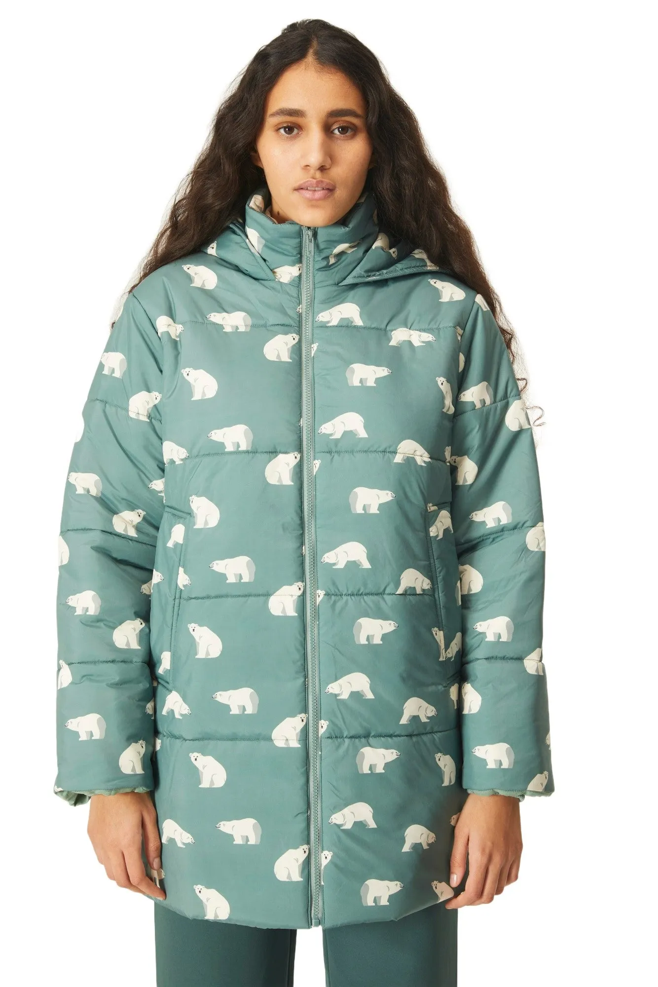 Polar bear print quilted midi coat with hood by Compania Fantastica