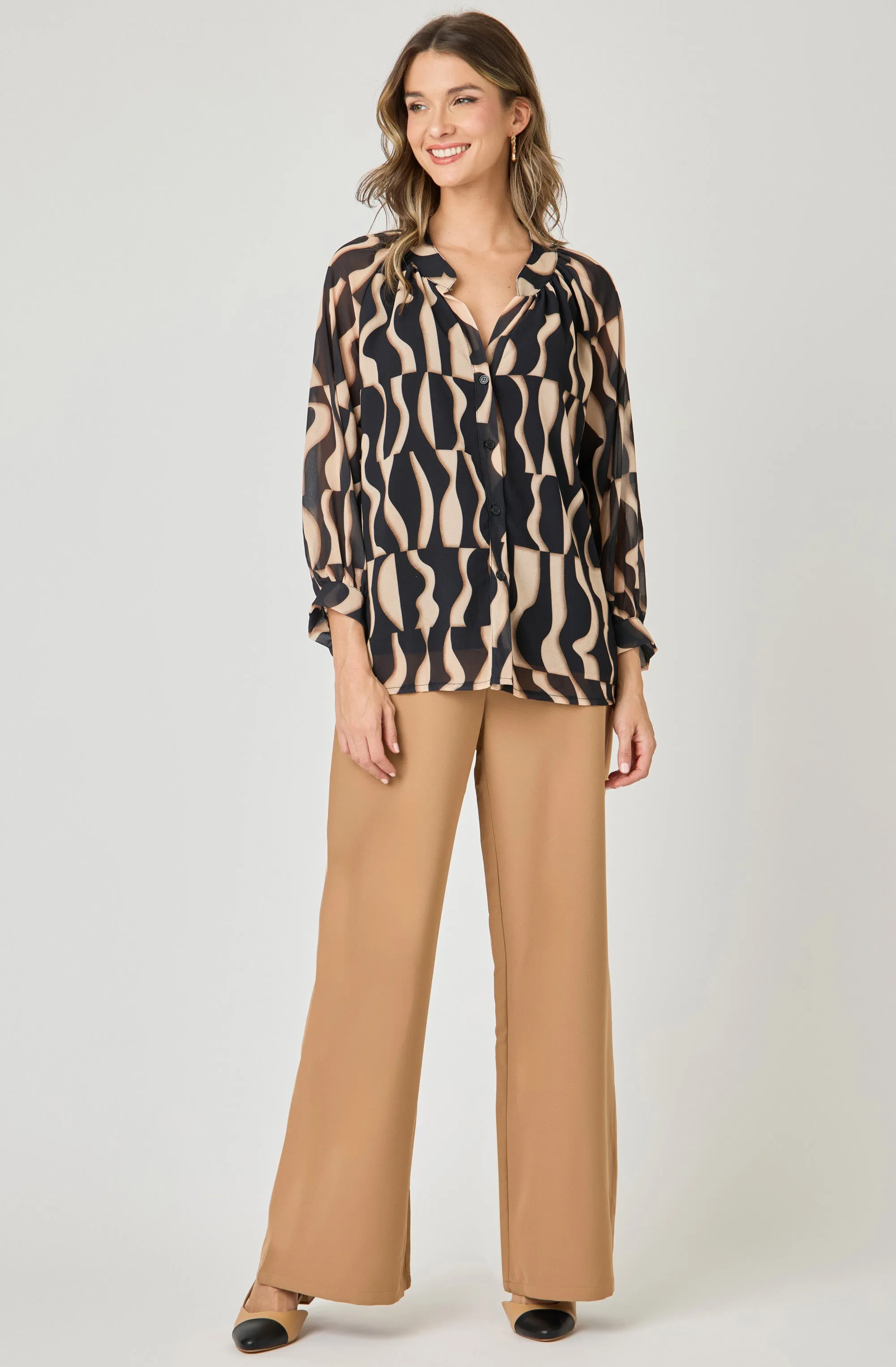 Printed Open-Collar Chiffon Blouse