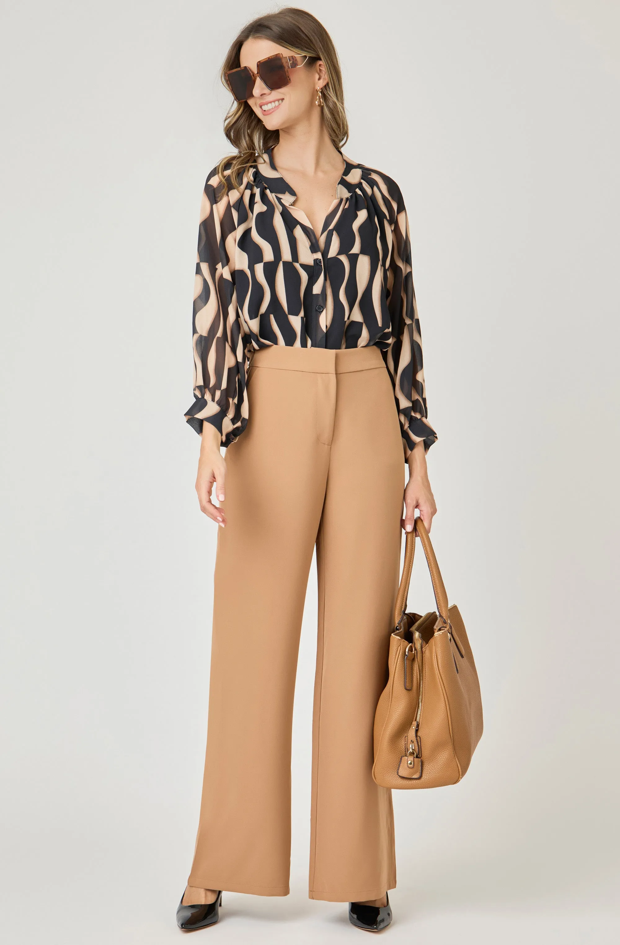 Printed Open-Collar Chiffon Blouse