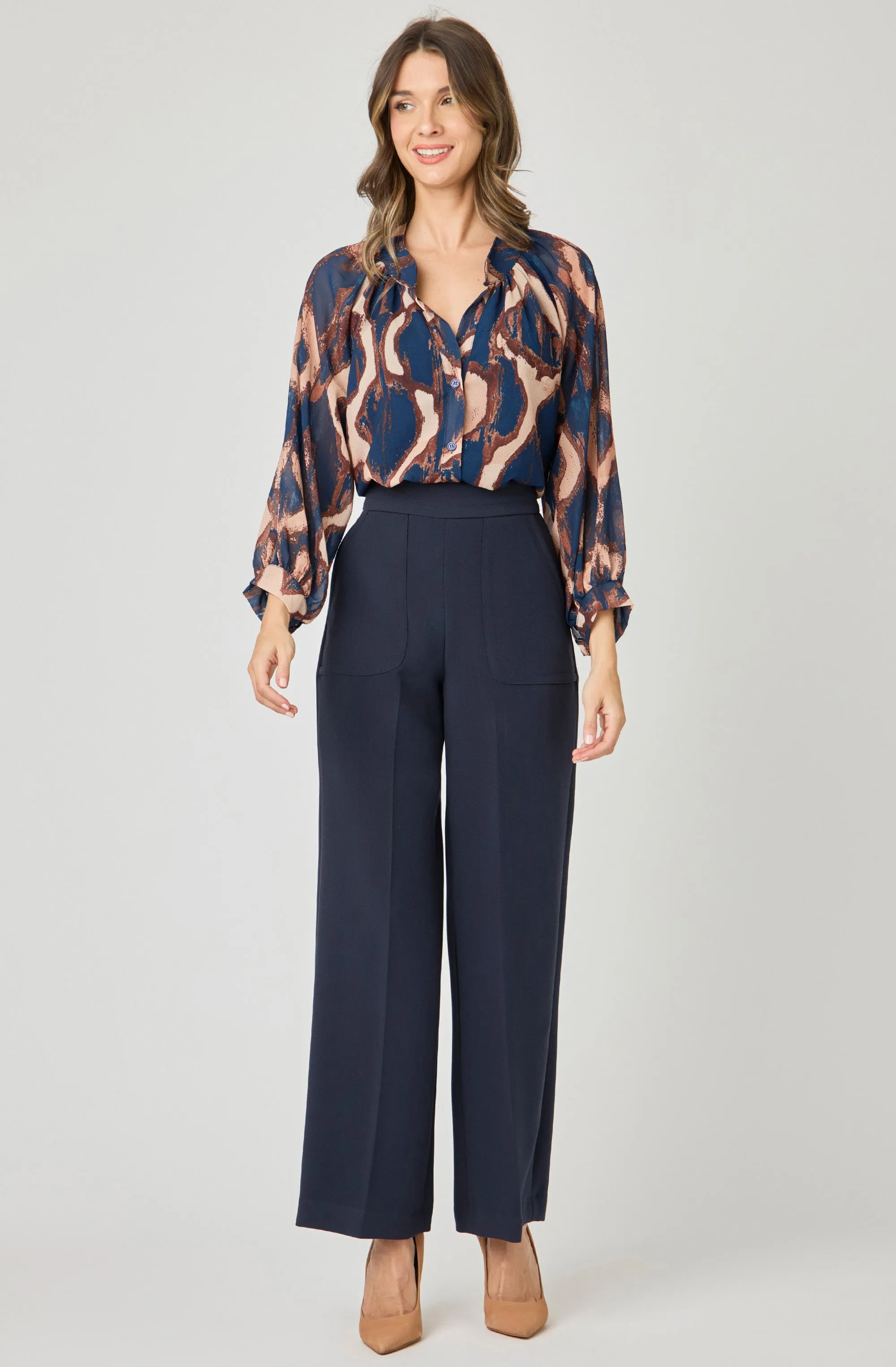 Printed Open-Collar Chiffon Blouse