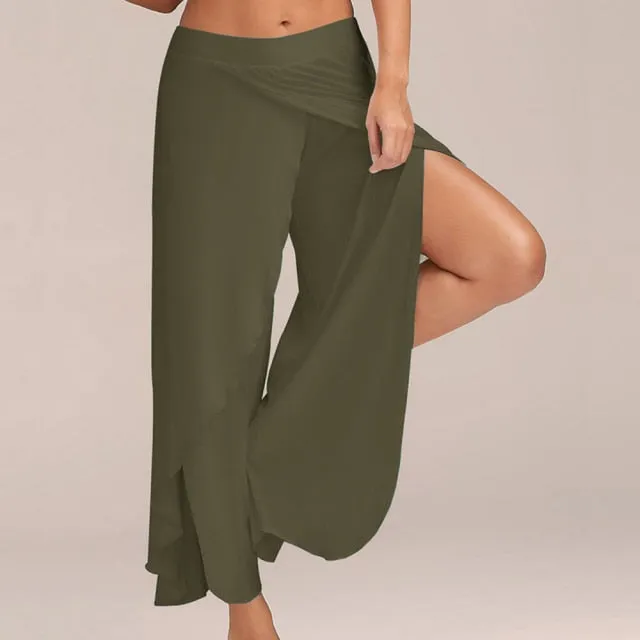 Puimentiua Women Summer Chiffon Irregular Side Pants Women Causal Wide Leg Split Trousers Female Solid Elastic Wasit Loose Pants
