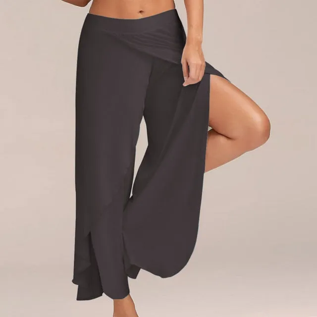 Puimentiua Women Summer Chiffon Irregular Side Pants Women Causal Wide Leg Split Trousers Female Solid Elastic Wasit Loose Pants