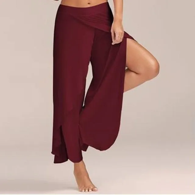Puimentiua Women Summer Chiffon Irregular Side Pants Women Causal Wide Leg Split Trousers Female Solid Elastic Wasit Loose Pants