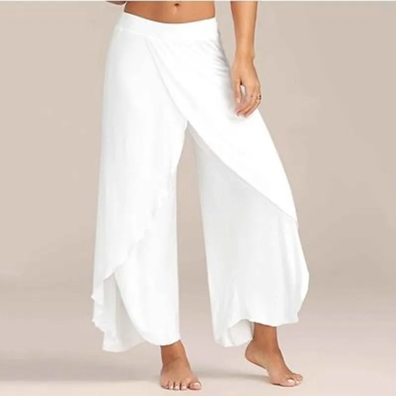 Puimentiua Women Summer Chiffon Irregular Side Pants Women Causal Wide Leg Split Trousers Female Solid Elastic Wasit Loose Pants