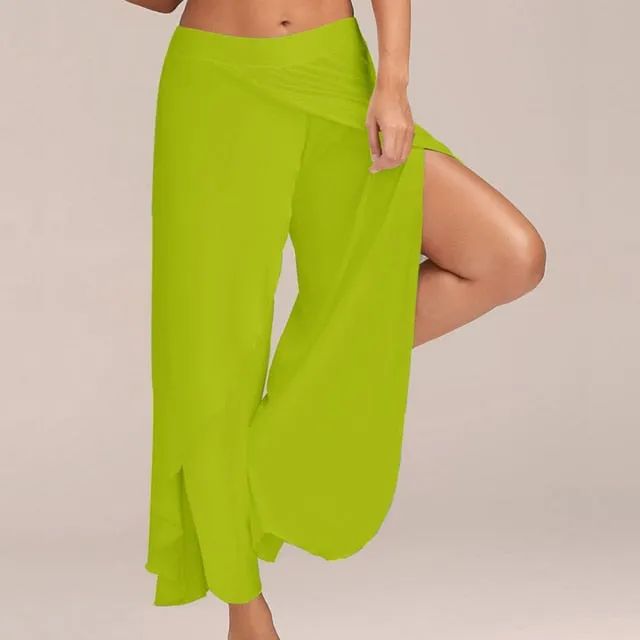 Puimentiua Women Summer Chiffon Irregular Side Pants Women Causal Wide Leg Split Trousers Female Solid Elastic Wasit Loose Pants